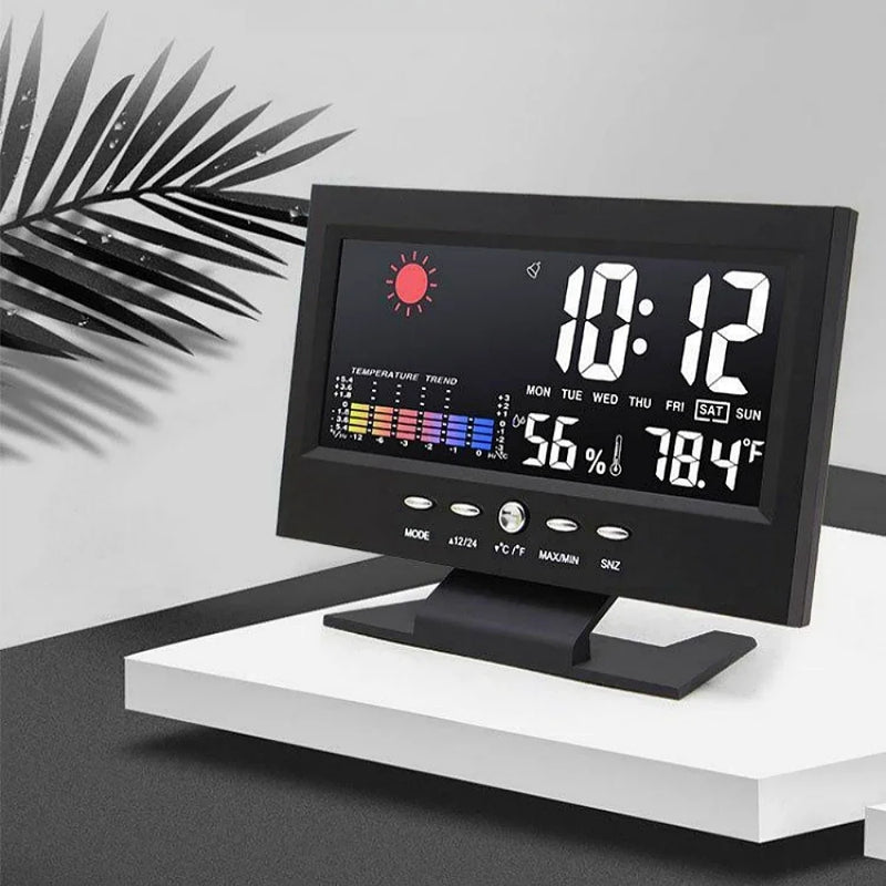Digital clock with weather display on a white surface with a leafy plant in the background