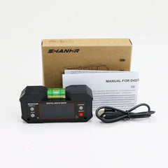 Digital scale with packaging, manual, and cable on a white background