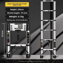 A single-sided telescopic straight ladder shown in both folded and extended positions on a dark studio background, with text listing dimensions, shrink height, weight, and packing size.