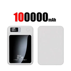 White power bank with digital display and '100000 mAh' text on a white background