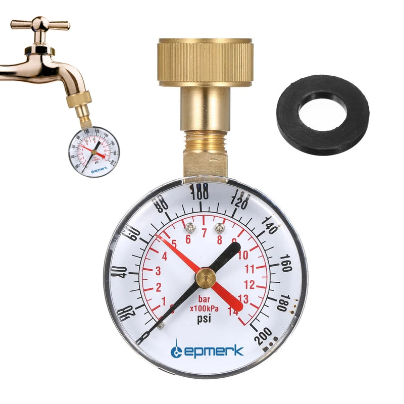 A brass water pressure gauge with a white dial, black and red markings, and a blue epmerk logo, shown with a brass faucet adapter, a black rubber gasket, and a small inset diagram of the faucet connection on a white background.