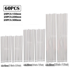 Sixty black metal wire stakes shown in three lengths: 150mm, 200mm, and 300mm. The image features a text header indicating '60PCS' and lists the dimensions below each group of stakes.