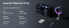 JisuLife Table Fan Pro3 product listing graphic on a dark gray background, showing the fan, its retail box, a small card, and a charging cable, with text listing size, weight, material, battery, and charging time.