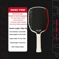 Graf Pro pickleball paddle with specifications on a black background