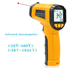 Infrared thermometer with digital display on a white background
