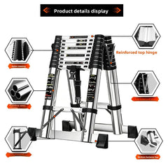 An infographic-style product detail display of a silver and black extension ladder, with callout boxes highlighting features such as rubber cushioning, reinforced top hinge, steel tube construction, and a bottom balance bar.