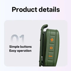 Product details graphic showing a green electronic device with orange button symbols and text reading 'Simple buttons Easy operation' on a light background.