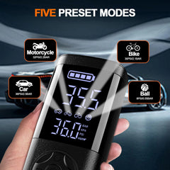 Digital tire pressure meter with five preset modes displayed on a blurred background