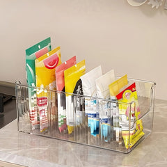 Clear Kitchen Storage Box with Detachable Dividers, Pantry Organizer Bin for Snacks Seasoning Packets, Cabinet Caddy Holder