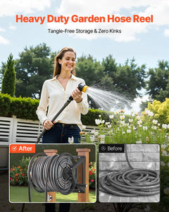 Wall Mounted Garden Hose Reel, Holds 200 ft 5/8-inch Manual Water Hose Winder, Heavy-Duty Steel, Outdoor Reel with Brass Fitting