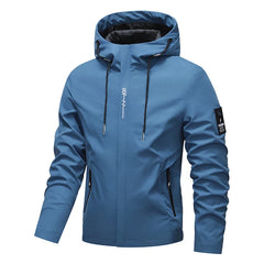 Blue jacket with a hood on a white background