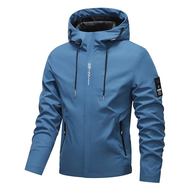 Blue jacket with a hood on a white background
