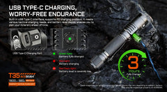 A tactical T3 AceBeam USB Type-C flashlight shown on a dark rocky background with promotional text and feature callouts about charging, battery status, and 3-hour runtime.