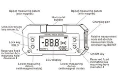 Digital angle gauge with labeled components on a white background