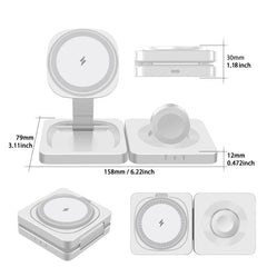 White wireless charging stand set shown from multiple angles with dimension labels and measurement lines on a light gray background.