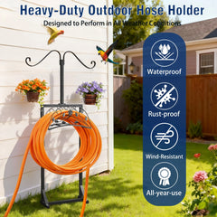 Heavy-duty outdoor hose holder with orange hose, plants, and house in background