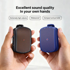 Two hands holding small rectangular portable speakers, one black and one blue, with marketing text above reading 'Excellent sound quality In your own hands' and feature callouts about high volume, waterproof, and compact portability.