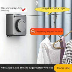 Wall-mounted clothesline with text highlighting features like long wire rope and load-bearing capacity.