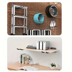 Wall-mounted shelves with various items against a brick wall and a desk setup with books and decor.