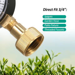 Brass garden fitting with pressure gauge on a green plant background