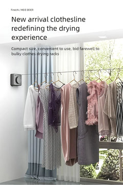 A wall-mounted clothesline with multiple garments hanging on hangers in a bright room, with text at the top reading 'New arrival clothesline redefining the drying experience.'.