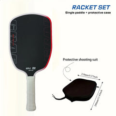 A padel racket set shown on a white background, including a black paddle with red and white trim, a white grip, and a black protective case with dimension labels and the text 'PROTECTIVE SHOOTING SUIT.'.