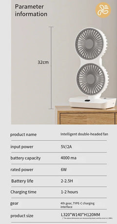 Intelligent double-headed fan with specifications on a gray background