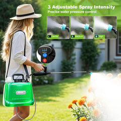A woman wearing a straw hat and white shirt uses a green and black Kool Pressurized Sprayer to spray orange flowers in a garden. The image includes feature callouts showing adjustable spray intensity and close-up diagrams of the nozzle and pressure control.