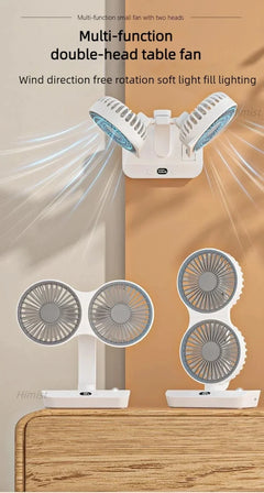 Multi-function double-head table fan with text on a wooden surface