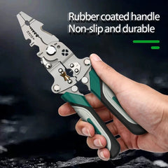 Multifunctional pliers with rubber-coated handle held in a hand against a dark background