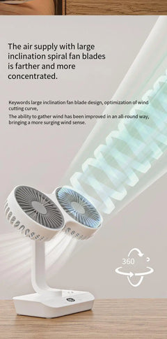 White fan with large inclination spiral blades on a wooden surface