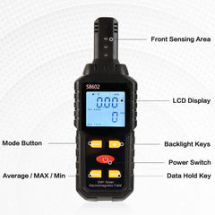 EMF meter with labeled parts on a white background