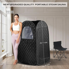 Portable steam sauna with dimensions labeled, woman standing next to it, in a room setting.