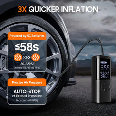 Car tire inflator with digital display next to a car tire, showing inflation details.
