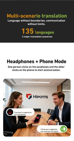 Advertisement for a translation app with two people using headphones and a phone, featuring the brand 'Hipotts'.