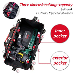 Tool case with labeled compartments on a white background