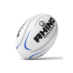 A white rugby ball with black and blue graphics, featuring the 'RHINO AVALANCHE' branding, shown on a clean white background with a soft shadow.