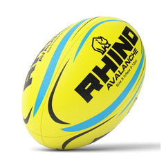 A yellow rugby ball with black and blue graphics, featuring the brand name 'RHINO' and 'AVALANCH' printed on the surface, set against a plain white background.