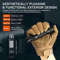 Tactical flashlight held in a gloved hand with product details on a dark background