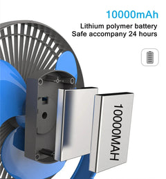 Lithium polymer battery with 10000mAh capacity displayed next to a fan.