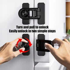 Black door lock mechanism with hands demonstrating how to unlock it on a white door.
