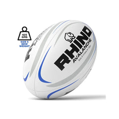 A white rugby ball with blue and gray stripes and black 'RHINO AVALANCHE' branding, shown on a white background with a small weight badge reading 425 GMS.