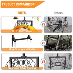 Product comparison chart showing features of a metal garden hose holder with 'Ours' and 'Others' options.