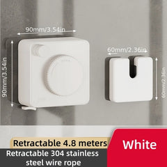 White retractable hook with dimensions and product details on a gray background