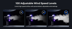 Promotional graphic for a wind projection device showing three settings labeled 30, 60, and 100 wind speeds, with text stating '100 Adjustable Wind Speed Levels' and '5.6m/s high-speed airflow with personalized, adjustable wind settings.