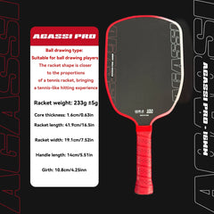 Red and black Agassi Pro pickleball paddle with specifications on a black background