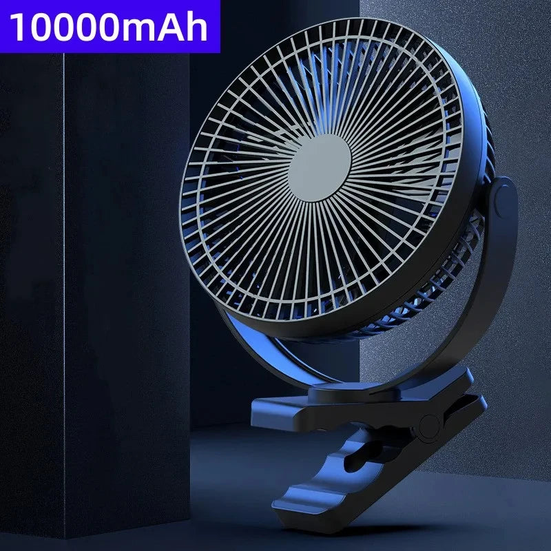 Portable fan with 10000mAh label on a dark background