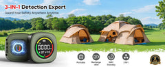 A promotional graphic for a 3-in-1 detection expert device, showing two electronic detectors in the foreground with a grassy field, trees, and camping tents in the background. Text at the top reads '3-IN-1 Detection Expert' and feature icons along the bottom.