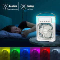 Portable fan with 7 color options and timing feature on a dark background