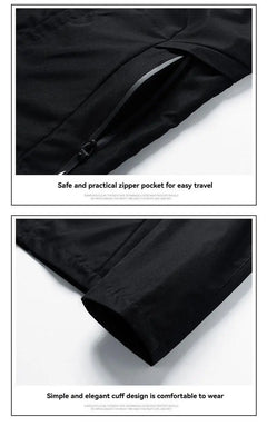 Black jacket with zipper pocket and cuff design on a white background